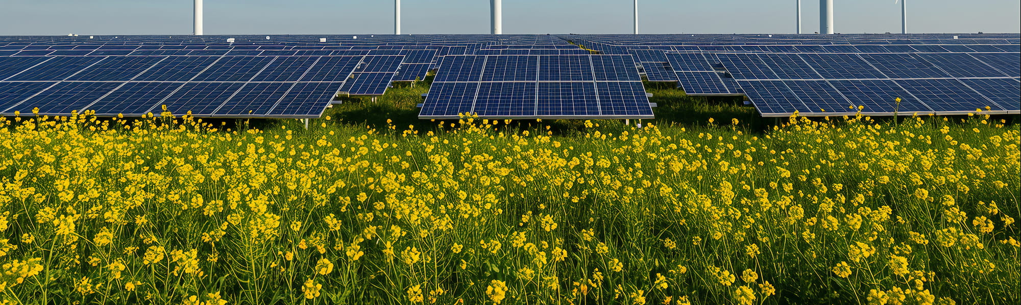 wind turbines solar panels field yellow flowers 1